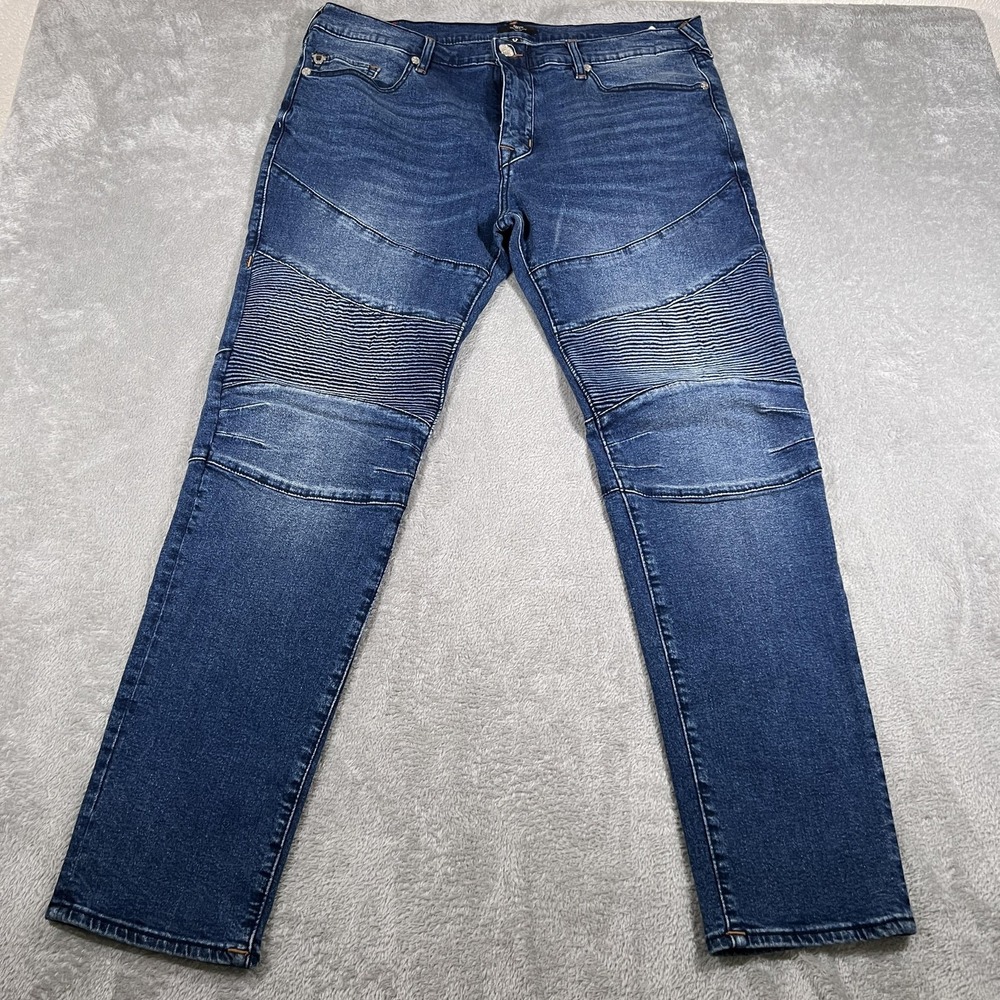 True Religion Jeans Mens 38 Blue Rocco Moto Skinny Relaxed Biker Stretch Denim